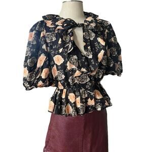 Ulla Johnson Size 4 Nadya Black Gardenia Floral Ruffle Peplum Cotton Blouse